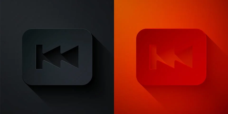 Paper cut Rewind button icon isolated on black and red background. Paper ar.. Stock Illustration