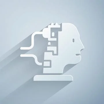 Paper cut Robot connected for maintenance icon isolated on grey background. A Illustrazione stock