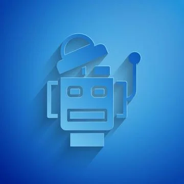 Paper cut Robot icon isolated on blue background. Artificial intelligence Illustrazione stock