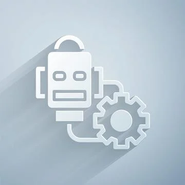 Paper cut Robot setting icon isolated on grey background. Artificial Stock Illustration