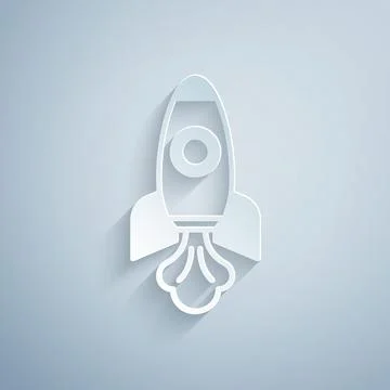 Paper cut Rocket ship icon isolated on grey background. Space travel. Paper.. Illustrazione stock