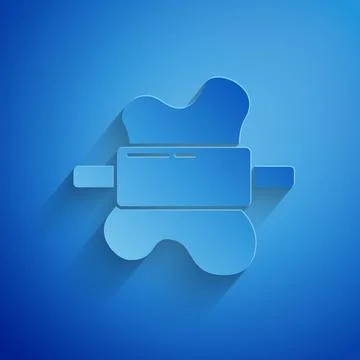 Paper cut Rolling pin on dough icon isolated on blue background. Paper art st Stock Illustration
