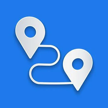 Paper cut Route location icon isolated on blue background. Map pointer sign 스톡 일러스트