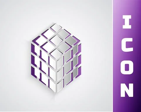 Paper cut Rubik cube icon isolated on grey background. Mechanical puzzle toy Stockillustratie