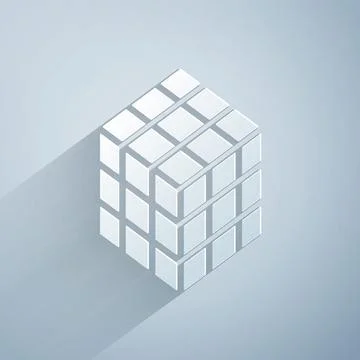 Paper cut Rubik cube icon isolated on grey background. Mechanical puzzle toy Illustrazione stock