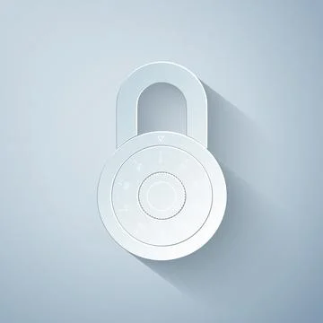 Paper cut Safe combination lock wheel icon isolated on grey background 스톡 일러스트