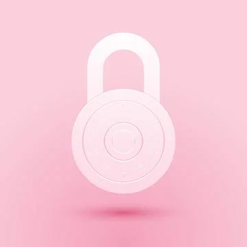 Paper cut Safe combination lock wheel icon isolated on pink background 스톡 일러스트