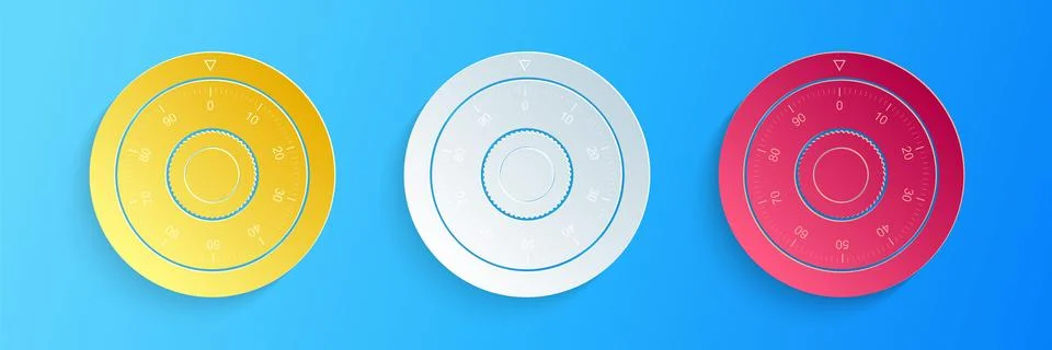 Paper cut Safe combination lock wheel icon isolated on blue background Illustrazione stock