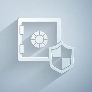 Paper cut Safe with shield icon isolated on grey background. Insurance concept 스톡 일러스트