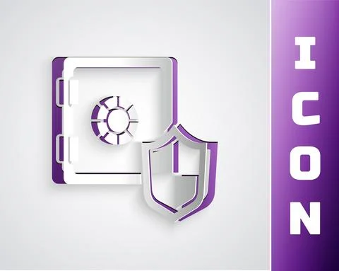 Paper cut Safe with shield icon isolated on grey background. Insurance concept Ilustración de archivo
