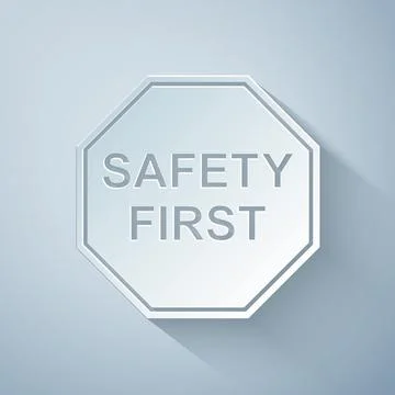 Paper cut Safety First octagonal shape icon isolated on grey background. Paper Stock Illustration
