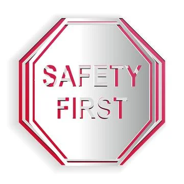 Paper cut Safety First octagonal shape icon isolated on white background. Paper Stock Illustration