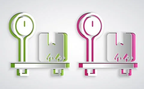 Paper cut Scale with cardboard box icon isolated on grey background. Logistic Illustration