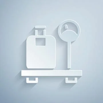 Paper cut Scale with suitcase icon isolated on grey background. Logistic and Illustration