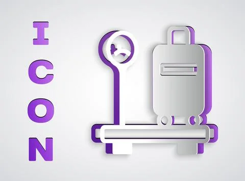 Paper cut Scale with suitcase icon isolated on grey background. Logistic and イラスト素材