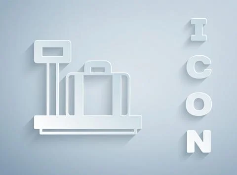 Paper cut Scale with suitcase icon isolated on grey background. Logistic and 스톡 일러스트