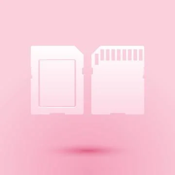 Paper cut SD card icon isolated on pink background. Memory card. Adapter icon Stock Illustration