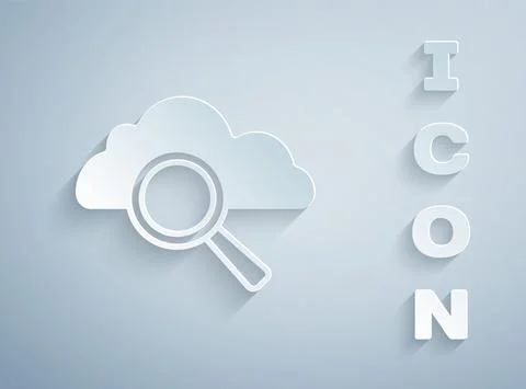 Paper cut Search cloud computing icon isolated on grey background. Magnifying Stock Illustration