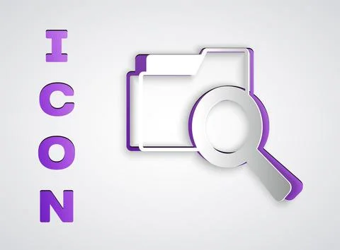 Paper cut Search concept with folder icon isolated on grey background. Magn.. Illustrazione stock