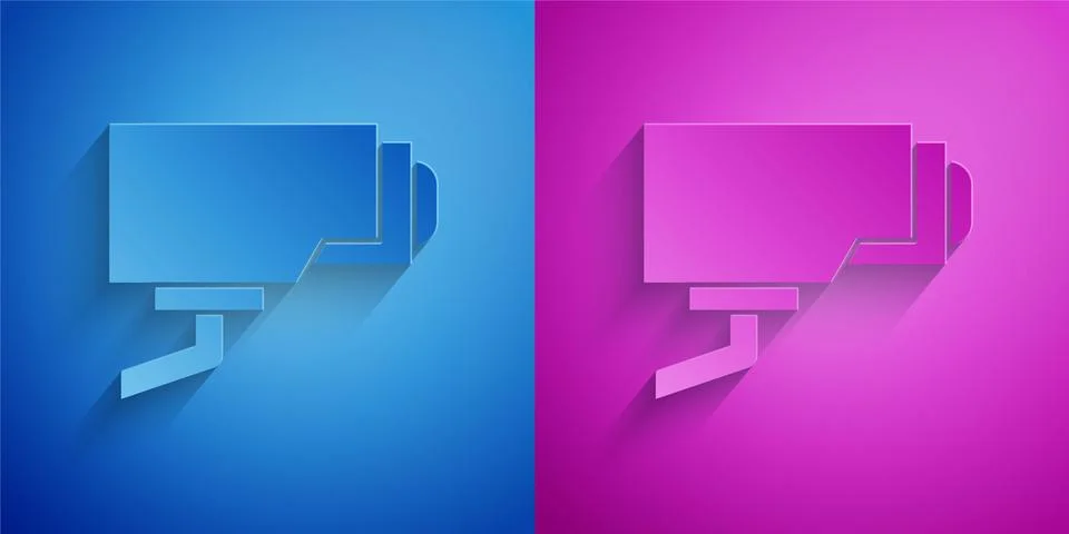 Paper cut Security camera icon isolated on blue and purple background. Paper art Stock Illustration