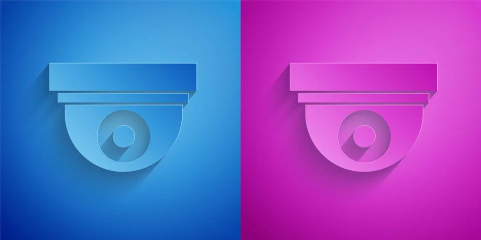 Paper cut Security camera icon isolated on blue and purple background. Paper art Stock Illustration