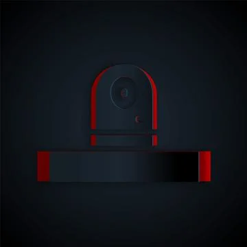 Paper cut Security camera icon isolated on black background. Paper art style Illustrazione stock