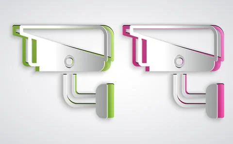 Paper cut Security camera icon isolated on grey background. Paper art style Illustrazione stock