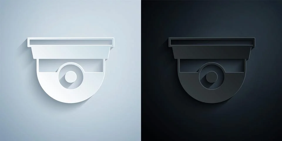 Paper cut Security camera icon isolated on grey and black background. Paper art Illustrazione stock