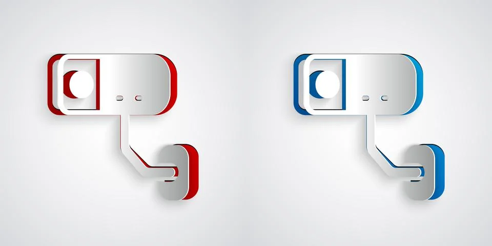 Paper cut Security camera icon isolated on grey background. Paper art style.  Illustrazione stock