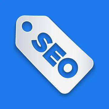 Paper cut SEO optimization icon isolated on blue background. Paper art style Stock Illustration