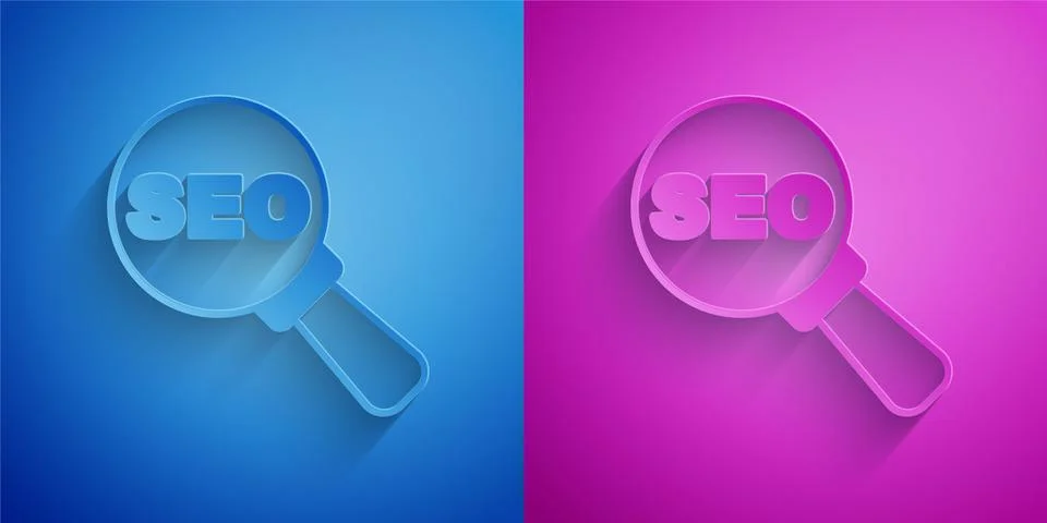 Paper cut SEO optimization icon isolated on blue and purple background. Paper Stock Illustration