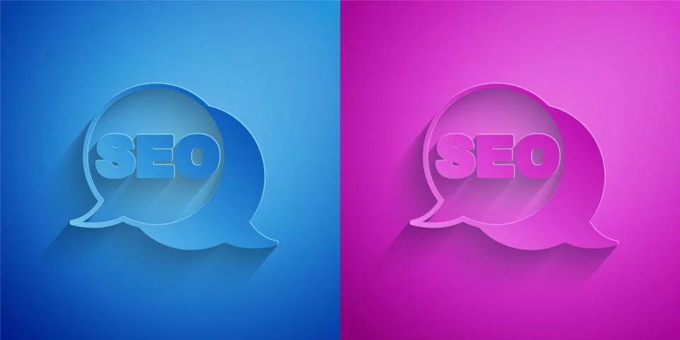 Paper cut SEO optimization icon isolated on blue and purple background. Paper Stock Illustration