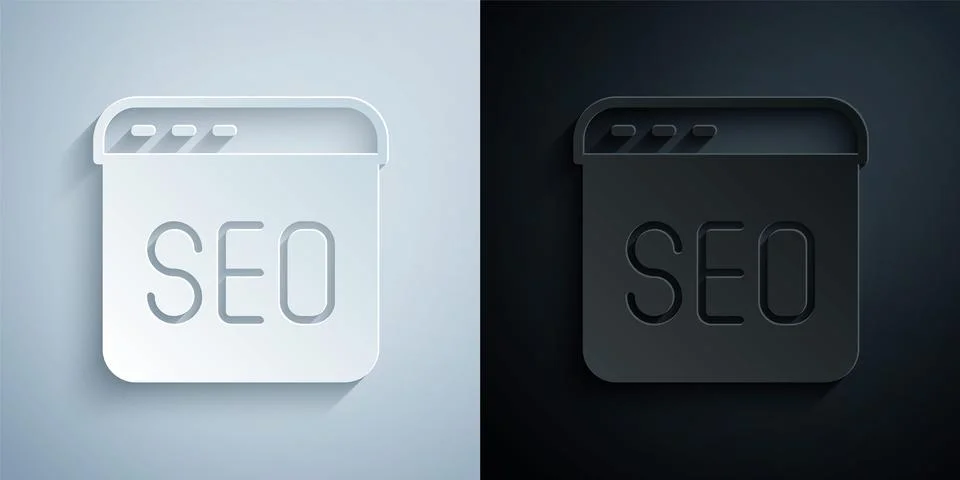 Paper cut SEO optimization icon isolated on grey and black background. Paper art Stock Illustration
