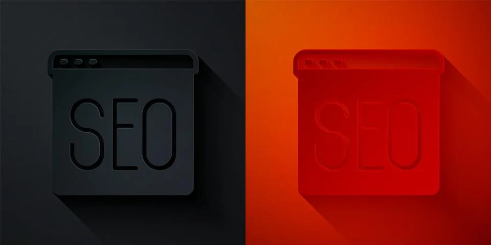 Paper cut SEO optimization icon isolated on black and red background. Paper a Stock Illustration