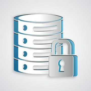 Paper cut Server security with closed padlock icon isolated on grey background Stock Illustration