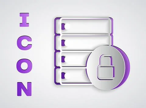 Paper cut Server security with closed padlock icon isolated on grey background Stock Illustration
