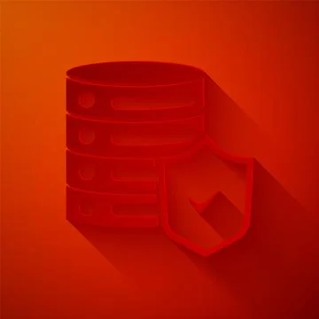 Paper cut Server with shield icon isolated on red background. Protection against Illustrazione stock