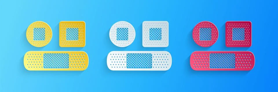 Paper cut Set Bandage plaster icon isolated on blue background. Medical plaster Stock Illustration