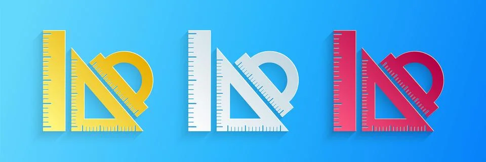 Paper cut Set ruler, triangular ruler and protractor icon isolated on blue Illustrazione stock
