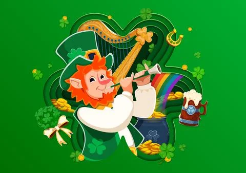 Paper cut shamrock clover shape with leprechaun Stock Illustration