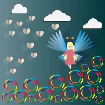 Paper cut in shape of heart flying on background, little angel flying in love Stock Illustration