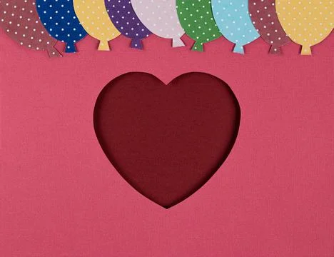 Paper cut in the shape of red heart and balloons on the pink background. Stock Illustration