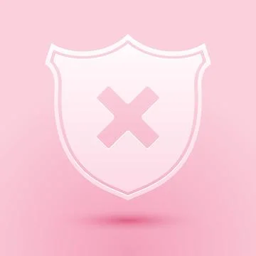 Paper cut Shield and cross x mark icon isolated on pink background. Denied Stock Illustration