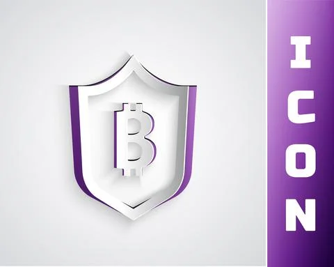Paper cut Shield with bitcoin icon isolated on grey background. Cryptocurrency Illustrazione stock