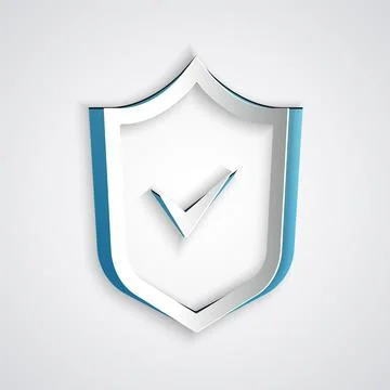 Paper cut Shield with check mark icon isolated on grey background. Security イラスト素材