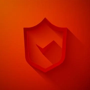 Paper cut Shield with check mark icon isolated on red background. Security 스톡 일러스트