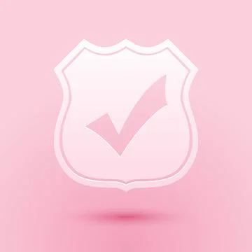 Paper cut Shield with check mark icon isolated on pink background. Protection イラスト素材