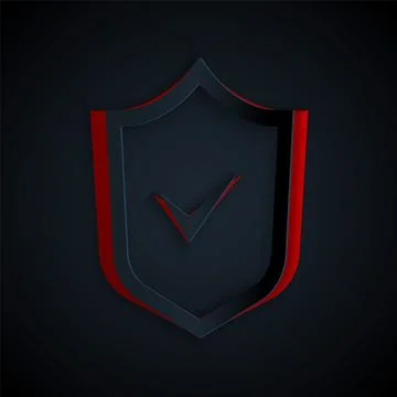 Paper cut Shield with check mark icon isolated on black background. Security Stock Illustration