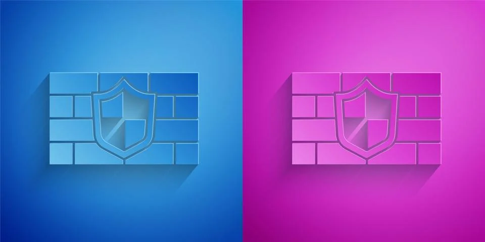 Paper cut Shield with cyber security brick wall icon isolated on blue and purple Stock Illustration