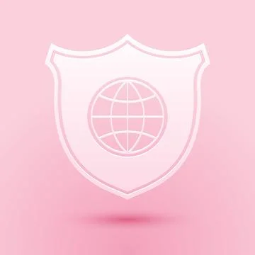 Paper cut Shield with world globe icon isolated on pink background. Security 库存插图